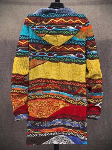 Men's Retro Art Print Plush Thick Long-Sleeved Sweater Coat Cardigan