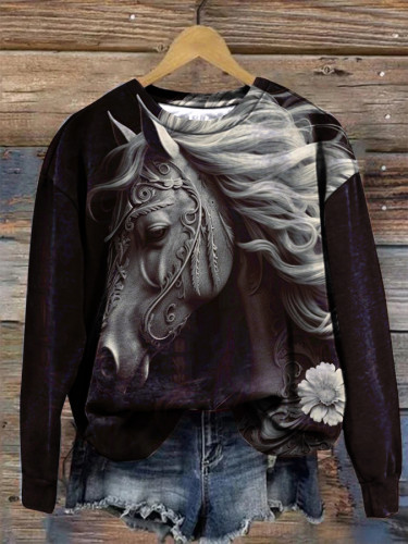 Western Retro Floral Horse Print Crew Neck Sweatshirt