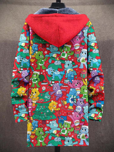 Men's Christmas Rainbow Bear Illustration Simple Plush Thick Loose Long-Sleeved Coat Cardigan