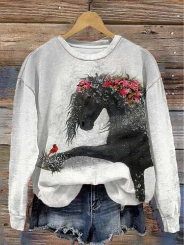 Women's Christmas Floral Black Horse Print Sweatshirt
