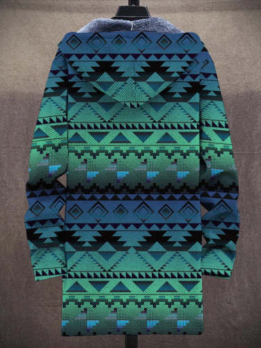 Unisex Gradient Tribal Pattern Plush Thick Long-Sleeved Sweater Coat Cardigan