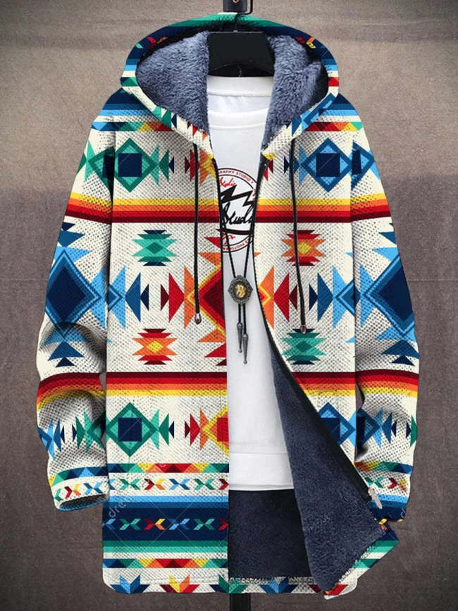 Men's Retro Ethnic Tribe Art Print Plush Thick Long-Sleeved Sweater Coat Cardigan