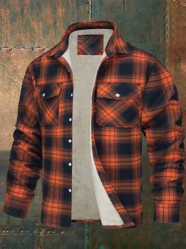 Casual Plaid Loose Fleece Lined Men's Brushed Jacket