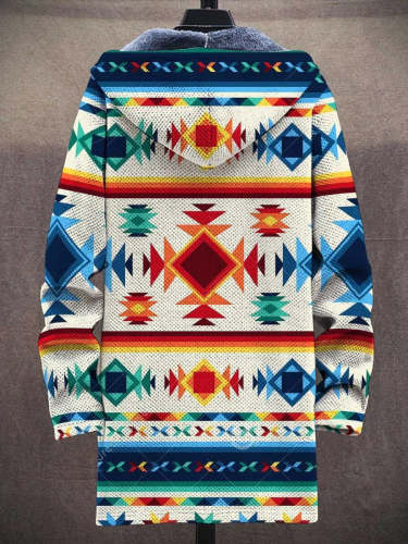 Men's Retro Ethnic Tribe Art Print Plush Thick Long-Sleeved Sweater Coat Cardigan