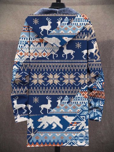 Men's Christmas Art Print Plush Thick Long-Sleeved Sweater Coat Cardigan