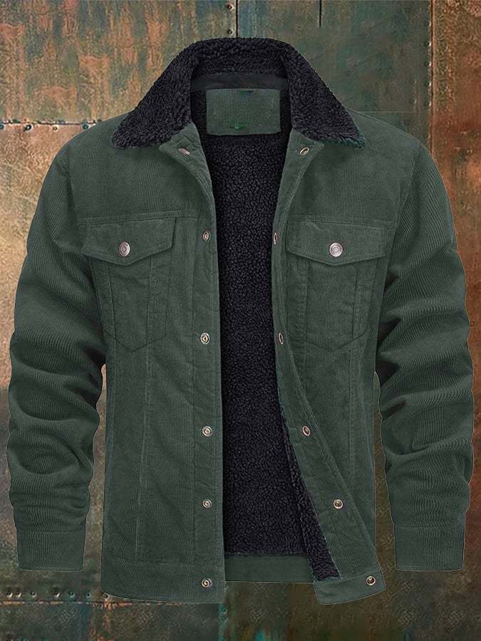 Men's Casual Fleece Lined Lapel Corduroy Trucker Jacket