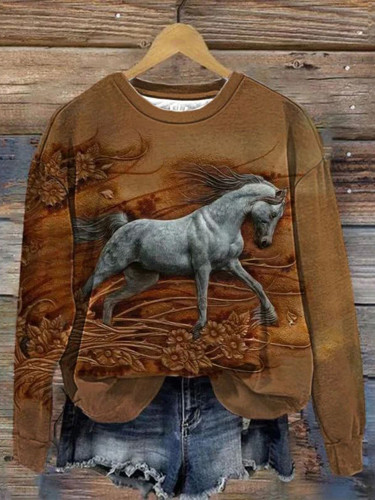 Vintage 3D Horse Print Sweatshirt
