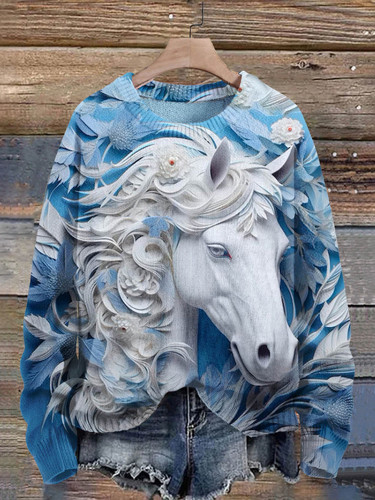 Art 3D Horse Print Knitted Pullover Sweater