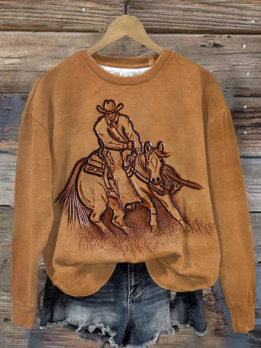 Women's Western Vintage Printed Round Neck Sweatshirt