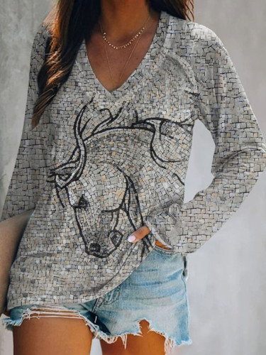 Horse Print V-Neck Long Sleeved T-Shirt