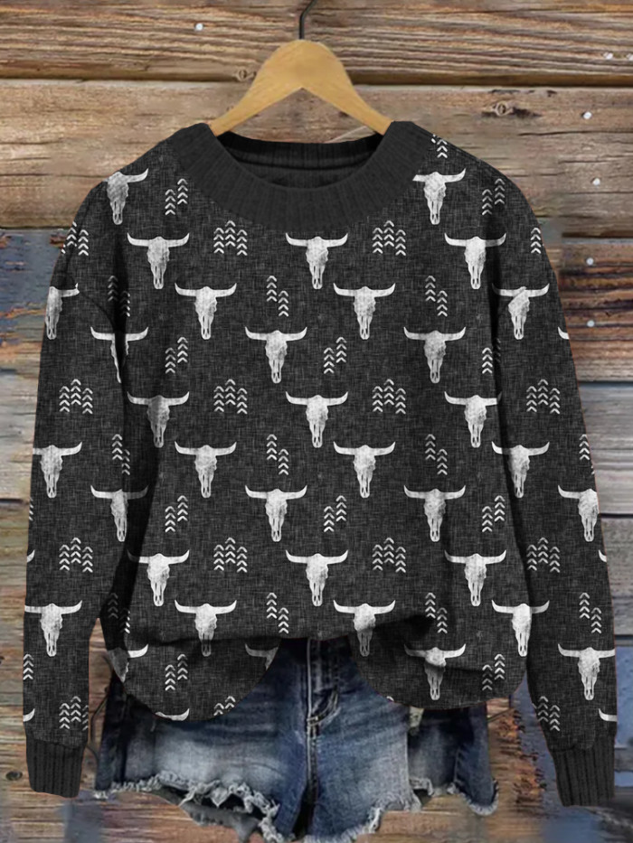 Vintage Western Bull Skull Graphic Cozy Knit Sweater