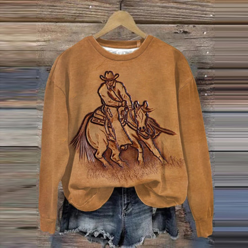 Women's Western Vintage Printed Round Neck Sweatshirt