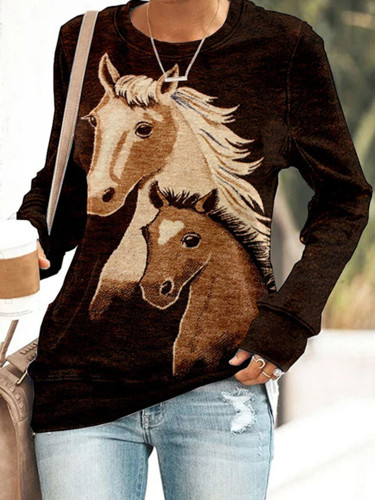 Western Horse Print Casual Crew Neck Sweatshirt