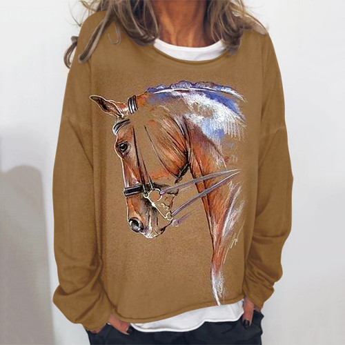 Western Horse Print Loose Long Sleeve Sweatshirt