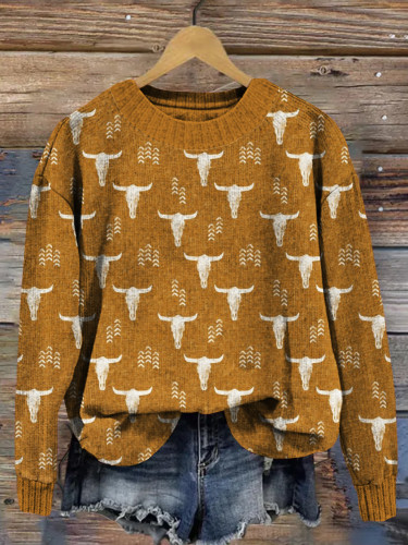 Vintage Western Bull Skull Graphic Cozy Knit Sweater