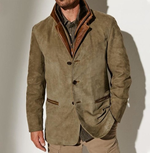 Men'S Vintage Fleece Suede Jackets Double Layer Lapel Fur Leather Collar Blazer