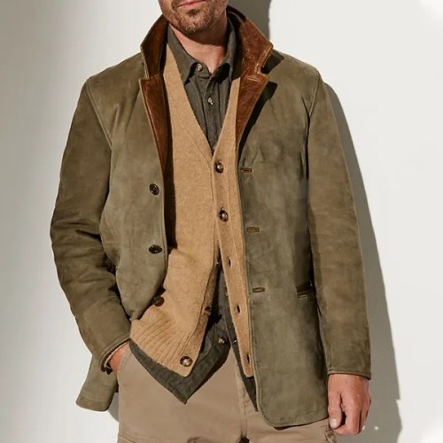 Men'S Vintage Fleece Suede Jackets Double Layer Lapel Fur Leather Collar Blazer