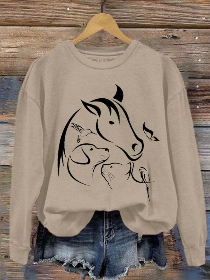 🐴Women's Horse Dog Cat Birds Print Crewneck Sweatshirt