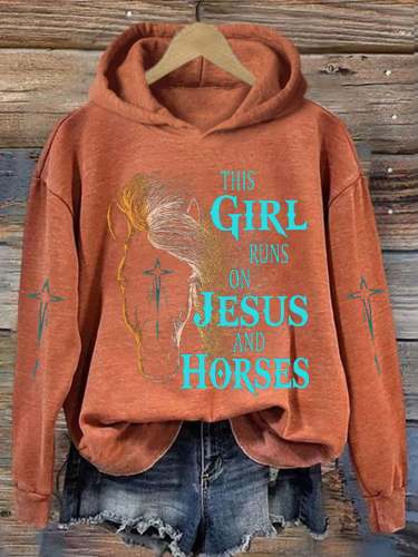 Women's Western This Girl Runs On Jesus And Horses Printed Hooded Sweatshirt