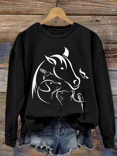 🐴Women's Horse Dog Cat Birds Print Crewneck Sweatshirt