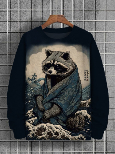 Men's Raccoon Rough Sea Waves Japanese Art Printed Sweatshirt