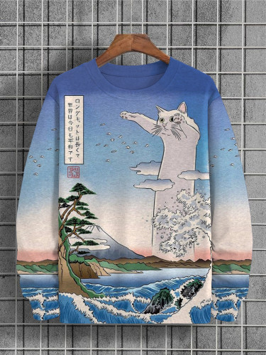 Men's Sea Wave Long Cat World Peace Print Casual Sweatshirt