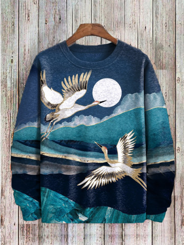 Men'S Stamped Japanese Crane Landscape Painting Art Crew Neck Sweatshirt