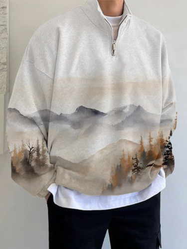 Men's Elegant Mountain Forest Watercolor Art Print Cadet Collar Sweatshirt