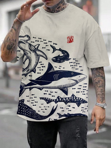 Men's Sharks Sea Japanese Lino Art Print Casual Short Sleeve T-Shirt