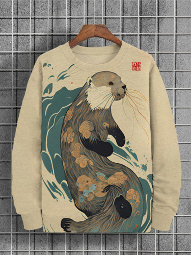 Men's Cute Otter Sea Wave Printed Casual Sweatshirt