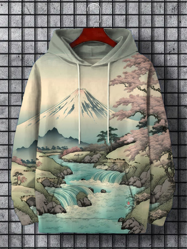 Men's Mount Fuji Cherry Blossom Flowing Water Scenery Hoodie
