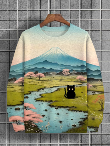 Men's Beautiful Mount Fuji Landscape And Cat Print Sweatshirt