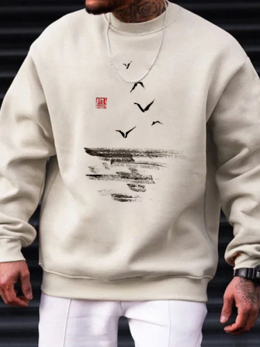 Men's Retro Black and White Art Bird Print Long Sleeve Sweatshirt ​