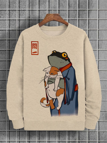 Men's Japanese Art Funny Frog Hold A Cat Print Sweatshirt