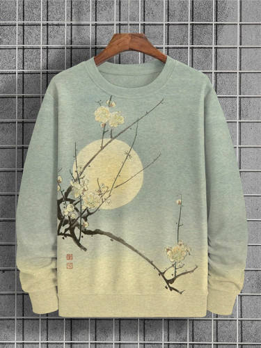 Men's Sakura Branches Full Moon Art Print Ombre Casual Sweatshirt