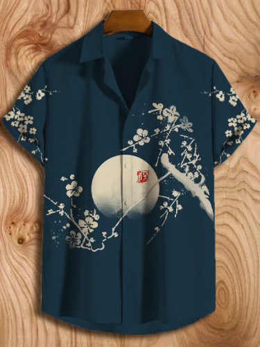Men's Plum Blossom Moon Print Casual Short Sleeve Hawaiian Shirt