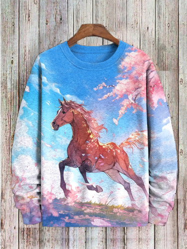 Men's Ukiyoe Sakura Horse Art Print Crew Neck Sweatshirt