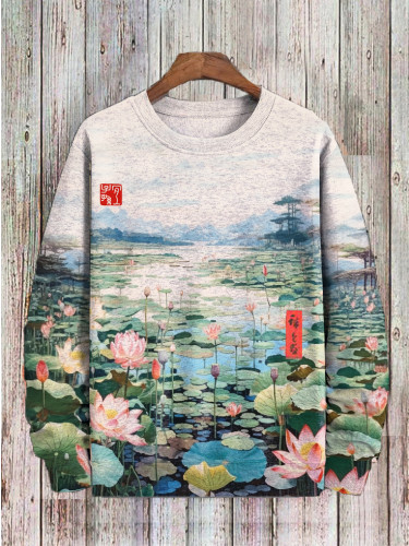 Men's Japanese Lotus Pond Landscape Watercolor Art Print Sweatshirt