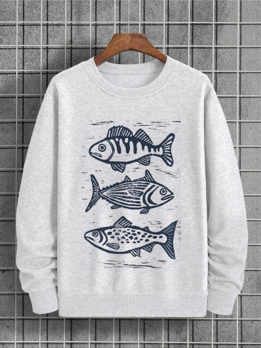 Men's Patterned Fish Japanese Lino Art Print Cozy Sweatshirt
