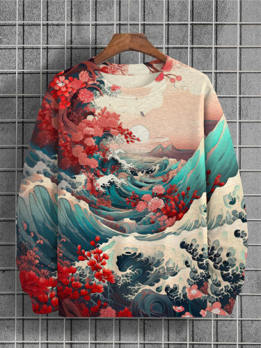Men's Floral Sea Wave Japanese Art Print Casual Sweatshirt