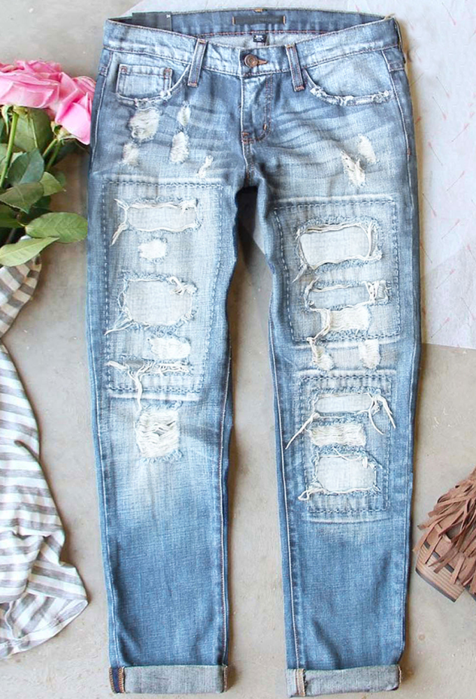 Casual Solid Color Ripped Jeans
