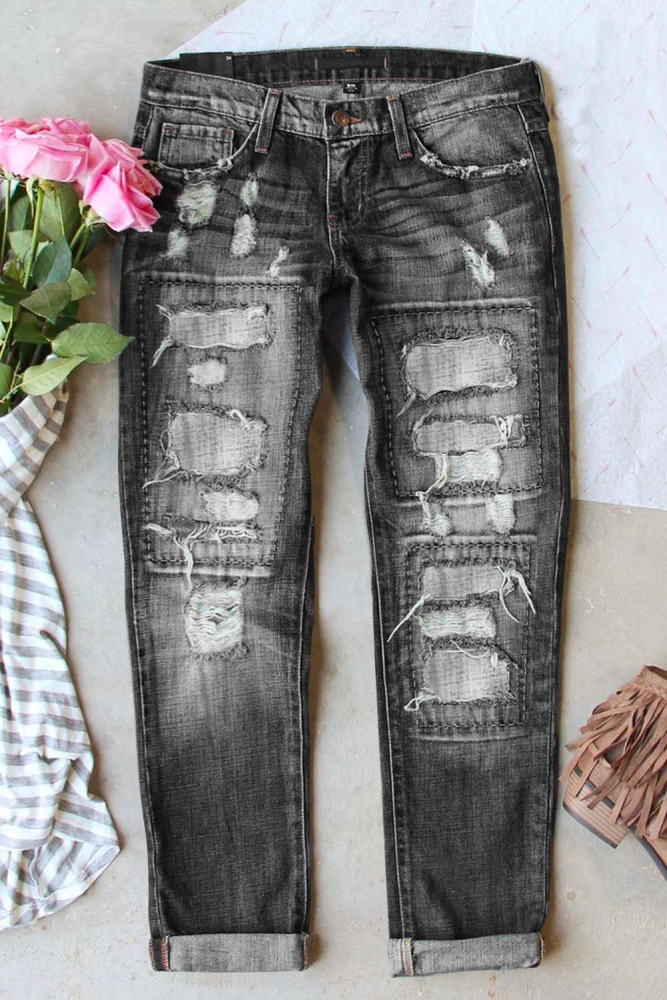 Casual Solid Color Ripped Jeans