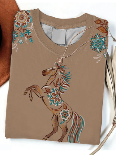 Retro Western Horse Print Short Sleeve Crew Neck T-Shirt