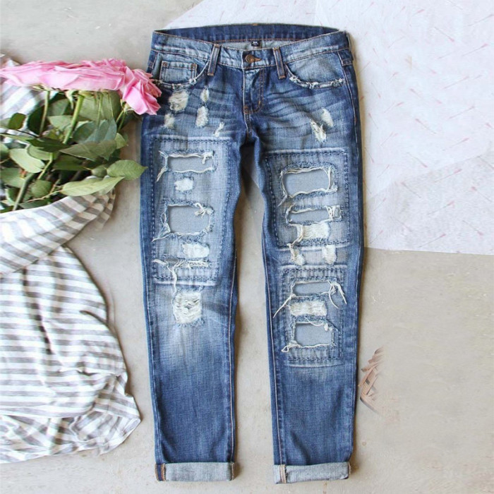 Casual Solid Color Ripped Jeans