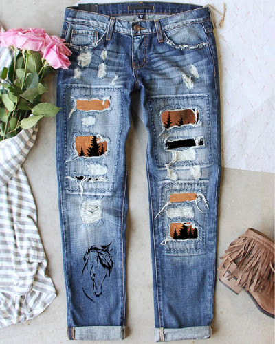 Retro Horse Forest Print Ripped Jeans