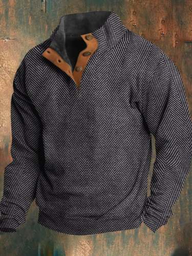 🔥BUY 2 GET 10% OFF🔥Men's Western Vintage Herringbone Print Design Stand Collar Button-Down Sweatshirt