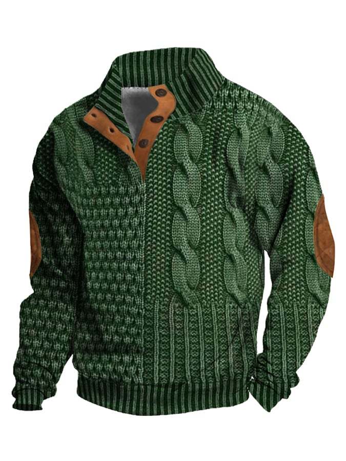 Men's Casual Retro Print Stand Collar Button Sweatshirt