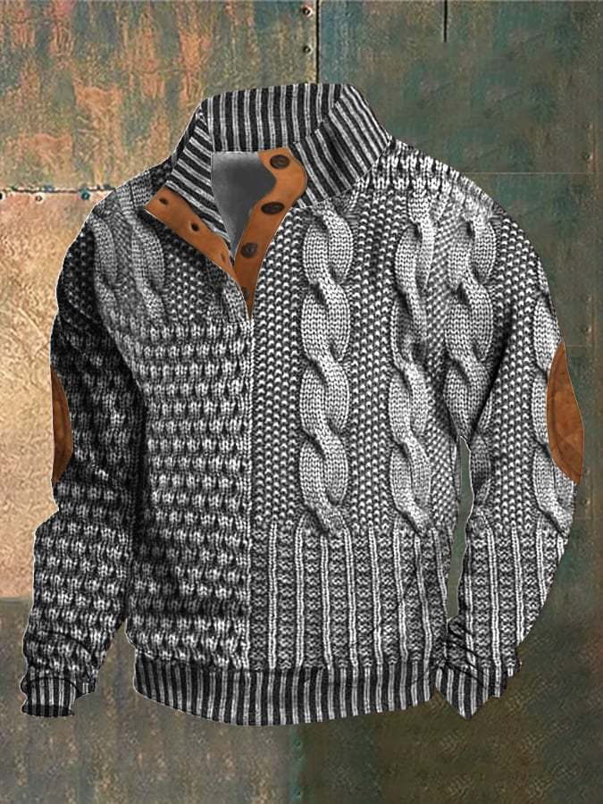 Men's Casual Retro Print Stand Collar Button Sweatshirt