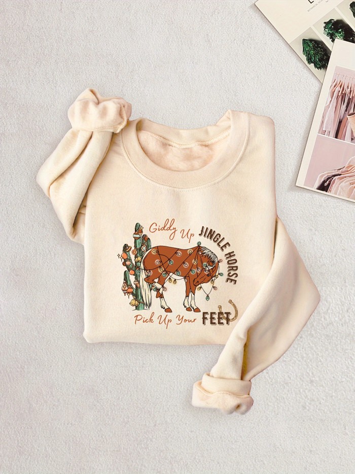 Christmas Horse Print Pullover Sweatshirt