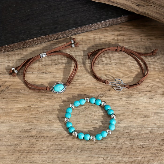 3pcs Vintage Western Style PU Leather Bracelet Set With Turquoise Beads Stackable Hand Jewelry